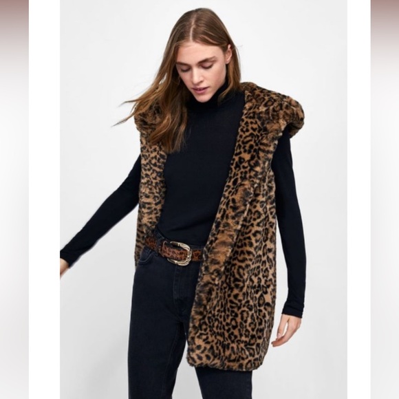 Zara Brown and Black Leopard Print Faux Fur Hooded Vest - Picture 6 of 7